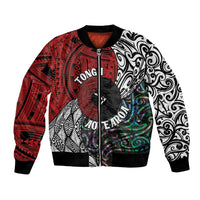 Tonga and New Zealand Together Bomber Jacket Tongan Kupesi Ngatu Tattoo and Maori Paua Shell Pattern LT03 Unisex Black - Polynesian Pride