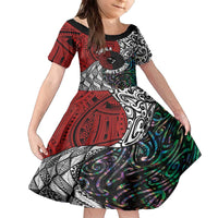 Tonga and New Zealand Together Family Matching Off The Shoulder Long Sleeve Dress and Hawaiian Shirt Tongan Kupesi Ngatu Tattoo and Maori Paua Shell Pattern LT03 Daughter's Dress Black - Polynesian Pride