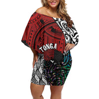 Tonga and New Zealand Together Off Shoulder Short Dress Tongan Kupesi Ngatu Tattoo and Maori Paua Shell Pattern LT03 Women Black - Polynesian Pride
