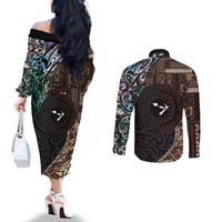Samoa and New Zealand Together Couples Matching Off The Shoulder Long Sleeve Dress and Long Sleeve Button Shirt Siapo Motif and Maori Paua Shell Pattern