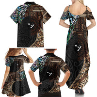 Samoa and New Zealand Together Family Matching Summer Maxi Dress and Hawaiian Shirt Siapo Motif and Maori Paua Shell Pattern