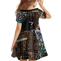 Samoa and New Zealand Together Kid Short Sleeve Dress Siapo Motif and Maori Paua Shell Pattern LT03 - Polynesian Pride