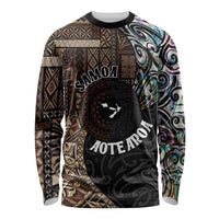 Samoa and New Zealand Together Long Sleeve Shirt Siapo Motif and Maori Paua Shell Pattern LT03 Unisex Black - Polynesian Pride