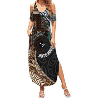 Samoa and New Zealand Together Summer Maxi Dress Siapo Motif and Maori Paua Shell Pattern LT03 Women Black - Polynesian Pride
