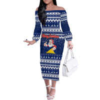 Personalised Tokelau Christmas Family Matching Off Shoulder Long Sleeve Dress and Hawaiian Shirt Santa Claus Tokelau Flag and Coat of Arms with Polynesian Pattern LT03 Mom's Dress Blue - Polynesian Pride