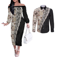 Tukenny Pattern Fijian War Clubs Mix Tapa Tribal Couples Matching Off The Shoulder Long Sleeve Dress and Long Sleeve Button Shirt LT03 Beige - Polynesian Pride