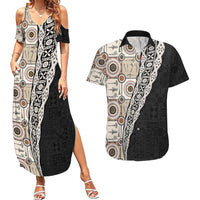 Tukenny Pattern Fijian War Clubs Mix Tapa Tribal Couples Matching Summer Maxi Dress and Hawaiian Shirt LT03 Beige - Polynesian Pride