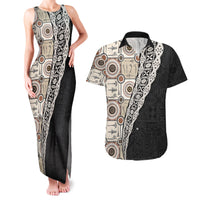 Tukenny Pattern Fijian War Clubs Mix Tapa Tribal Couples Matching Tank Maxi Dress and Hawaiian Shirt LT03 Beige - Polynesian Pride
