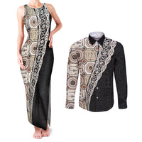 Tukenny Pattern Fijian War Clubs Mix Tapa Tribal Couples Matching Tank Maxi Dress and Long Sleeve Button Shirt LT03 Beige - Polynesian Pride