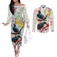 New Zealand Pohutukawa Tui Bird Couples Matching Off The Shoulder Long Sleeve Dress and Long Sleeve Button Shirt Kowhai Version LT03 White - Polynesian Pride