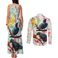 New Zealand Pohutukawa Tui Bird Couples Matching Tank Maxi Dress and Long Sleeve Button Shirt Kowhai Version LT03 - Polynesian Pride