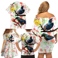 New Zealand Pohutukawa Tui Bird Family Matching Off Shoulder Short Dress and Hawaiian Shirt Kowhai Version LT03 - Polynesian Pride