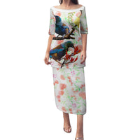 New Zealand Pohutukawa Tui Bird Family Matching Puletasi and Hawaiian Shirt Kowhai Version LT03 Mom's Dress White - Polynesian Pride