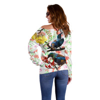 New Zealand Pohutukawa Tui Bird Off Shoulder Sweater Kowhai Version LT03 - Polynesian Pride