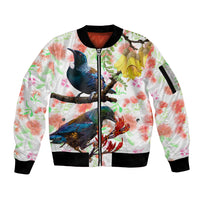New Zealand Pohutukawa Tui Bird Sleeve Zip Bomber Jacket Kowhai Version LT03 Unisex White - Polynesian Pride