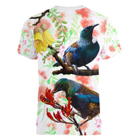 New Zealand Pohutukawa Tui Bird Women V Neck T Shirt Kowhai Version LT03 - Polynesian Pride