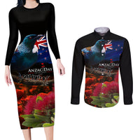 New Zealand ANZAC Day Couples Matching Long Sleeve Bodycon Dress and Long Sleeve Button Shirt Pohutukawa Flower and Tui Bird LT03 Black - Polynesian Pride