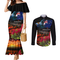 New Zealand ANZAC Day Couples Matching Mermaid Dress and Long Sleeve Button Shirt Pohutukawa Flower and Tui Bird LT03 Black - Polynesian Pride