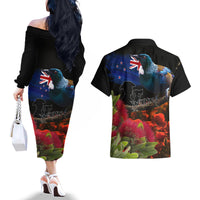 New Zealand ANZAC Day Couples Matching Off The Shoulder Long Sleeve Dress and Hawaiian Shirt Pohutukawa Flower and Tui Bird LT03 - Polynesian Pride