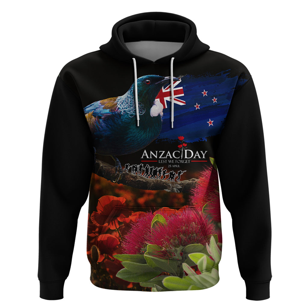 New Zealand ANZAC Day Hoodie Pohutukawa Flower and Tui Bird LT03 Pullover Hoodie Black - Polynesian Pride