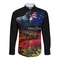 New Zealand ANZAC Day Long Sleeve Button Shirt Pohutukawa Flower and Tui Bird LT03 Unisex Black - Polynesian Pride