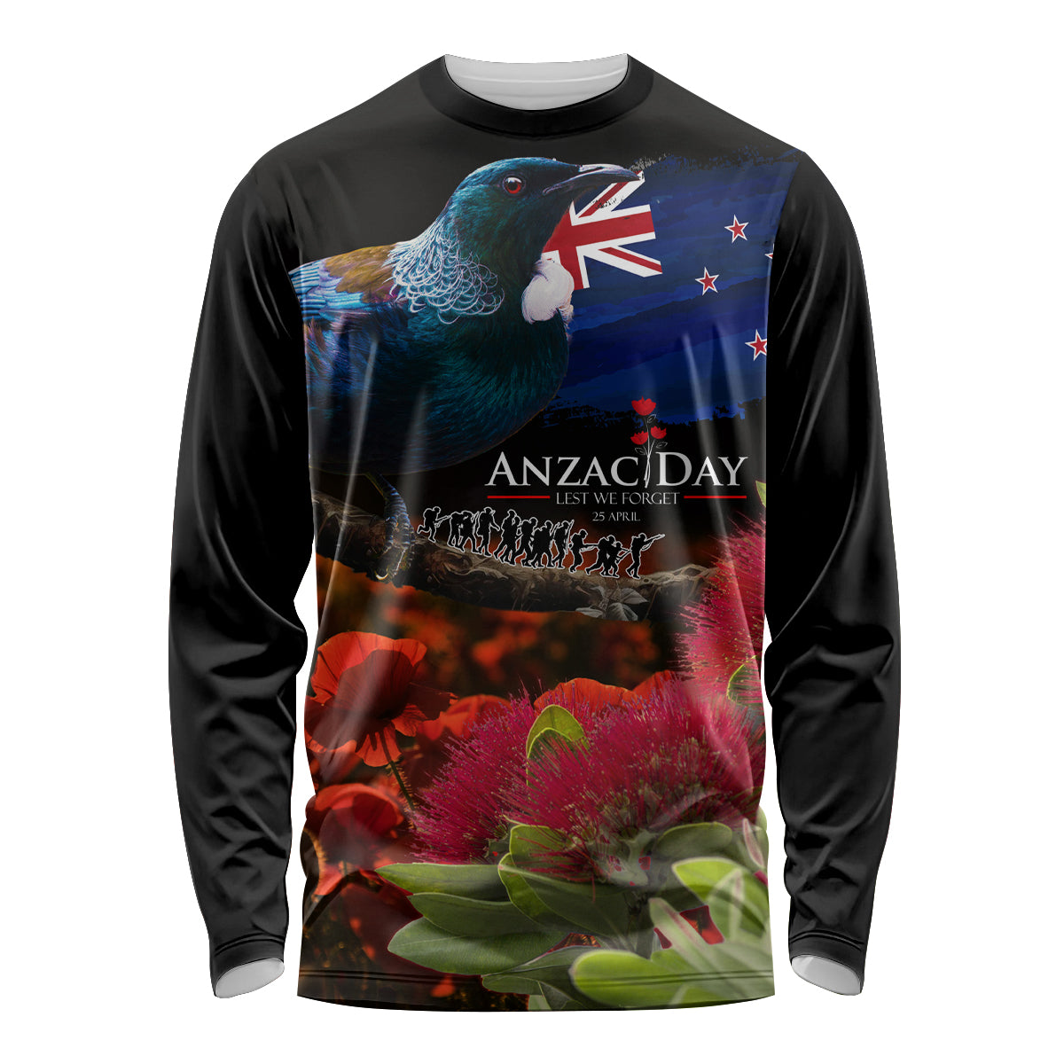 New Zealand ANZAC Day Long Sleeve Shirt Pohutukawa Flower and Tui Bird LT03 Unisex Black - Polynesian Pride