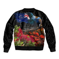 New Zealand ANZAC Day Sleeve Zip Bomber Jacket Pohutukawa Flower and Tui Bird LT03 - Polynesian Pride