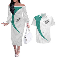 Custom New Zealand Football Couples Matching Off The Shoulder Long Sleeve Dress and Hawaiian Shirt Go All Silver Ferns - Towards World Cup 2026