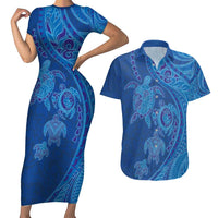 Hawaiian Turtles and Polynesian Art Tattoo Couples Matching Short Sleeve Bodycon Dress and Hawaiian Shirt Ocean Abyss