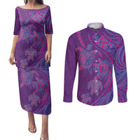 Hawaiian Turtles and Polynesian Art Tattoo Couples Matching Puletasi and Long Sleeve Button Shirt Dusky Violet
