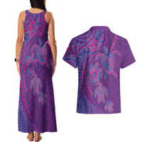 Hawaiian Turtles and Polynesian Art Tattoo Couples Matching Tank Maxi Dress and Hawaiian Shirt Dusky Violet