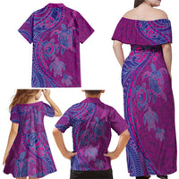 Hawaiian Turtles and Polynesian Art Tattoo Family Matching Off Shoulder Maxi Dress and Hawaiian Shirt Cerise