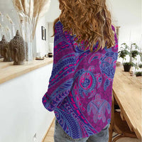 Hawaiian Turtles and Polynesian Art Tattoo Women Casual Shirt Cerise