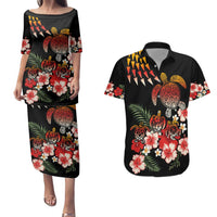 Hawaiian Hibiscus Turtle and Tropical Flower Couples Matching Puletasi and Hawaiian Shirt Dynamic Vibe