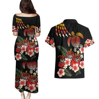 Hawaiian Hibiscus Turtle and Tropical Flower Couples Matching Puletasi and Hawaiian Shirt Dynamic Vibe