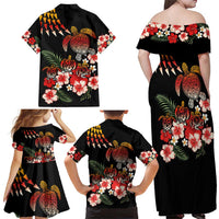 Hawaiian Hibiscus Turtle and Tropical Flower Family Matching Off Shoulder Maxi Dress and Hawaiian Shirt Dynamic Vibe