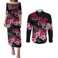 Hawaiian Hibiscus Turtle and Tropical Flower Couples Matching Puletasi and Long Sleeve Button Shirt Sweet Vibe