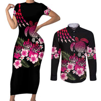 Hawaiian Hibiscus Turtle and Tropical Flower Couples Matching Short Sleeve Bodycon Dress and Long Sleeve Button Shirt Sweet Vibe