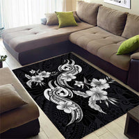Hawaiian-Polynesian Art Tattoo Area Rug Hibiscus and Plumeria Grayscale