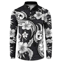 Hawaiian-Polynesian Art Tattoo Button Sweatshirt Hibiscus and Plumeria Grayscale