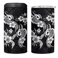 Hawaiian-Polynesian Art Tattoo 4 in 1 Can Cooler Tumbler Hibiscus and Plumeria Grayscale