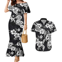 Hawaiian-Polynesian Art Tattoo Couples Matching Mermaid Dress and Hawaiian Shirt Hibiscus and Plumeria Grayscale