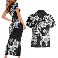 Hawaiian-Polynesian Art Tattoo Couples Matching Short Sleeve Bodycon Dress and Hawaiian Shirt Hibiscus and Plumeria Grayscale