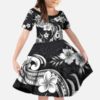 Hawaiian-Polynesian Art Tattoo Family Matching Short Sleeve Bodycon Dress and Hawaiian Shirt Hibiscus and Plumeria Grayscale