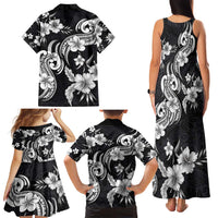 Hawaiian-Polynesian Art Tattoo Family Matching Tank Maxi Dress and Hawaiian Shirt Hibiscus and Plumeria Grayscale