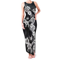 Hawaiian-Polynesian Art Tattoo Family Matching Tank Maxi Dress and Hawaiian Shirt Hibiscus and Plumeria Grayscale