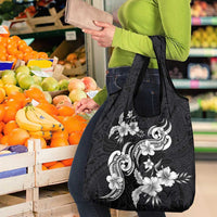 Hawaiian-Polynesian Art Tattoo Grocery Bag Hibiscus and Plumeria Grayscale