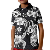 Hawaiian-Polynesian Art Tattoo Kid Polo Shirt Hibiscus and Plumeria Grayscale