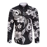 Hawaiian-Polynesian Art Tattoo Long Sleeve Button Shirt Hibiscus and Plumeria Grayscale