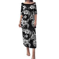 Hawaiian-Polynesian Art Tattoo Puletasi Hibiscus and Plumeria Grayscale